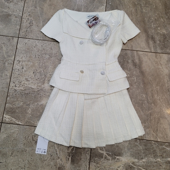 NEW Self-Portrait Boucle Pleated Mini Dress Ivory White Tweed Structured - Picture 7 of 10